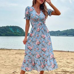 Party Dresses 2024 Summer For Women High Waist Midi Elegant Pleated Floral Beach Vacation Dress Clothes Robes