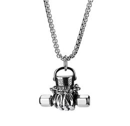 Fashion Design Men Stainless Steel Holding Dumbbell Pendant Necklace Hip Hop Jewelry 70cm Long Link Chain Punk Designer Necklaces 3676423