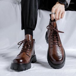 Boots Fashion Lace Up Casual Mens Thick Sole Ankle Trendy Comfortable Classic Black/Brown Motorcycle