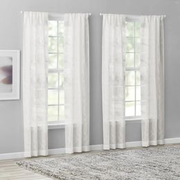 Curtain Modern White Geometric Rod Pocket Sheer Set 28" X 84" (4 Panels)