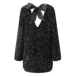 Casual Dresses Backless Bowknot Sequined Dress For Women Long Sleeve Elegant Chic Lady Mini Female Fashion Streetwear Party