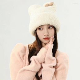 Berets Autumn And Winter Korean Style Of Bear Ear Hat With Bow Tie Solid Color Basin Bonnets For Women Cute Outdoor Skullies & Beanies