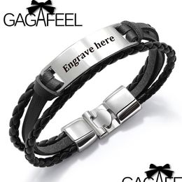 Bangle Gagafeel 4 Colours Custom Engrave For Men Punk Mtilayer Bracelet Stainless Steel Pu Leather Special Gift Male Drop Delivery Je Dhwul