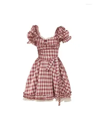 Party Dresses Kawaii Mori Girl Checkerboard Plaid Square Collar For Women Sweet Bow Casual One-Piece Garment Horn Sleeve Ball Gown Office