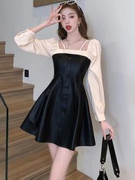 Casual Dresses 2024 Black Synthetic Leather Patchwork White Long Sleeve Mini Dress Women Elegant A-line Autumn Winter Bodycon Party