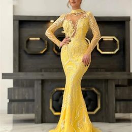 Sparkly High Neck Evening Dress Yellow Mermaid Appliques Sequins Beads Long Robes Elegant Long Sleeves Prom Gowns Vestidos De Novia 2024