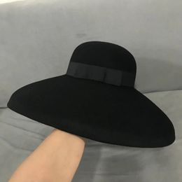 Retro Style Black Pure Wool Felt Floppy Hat Wide Brim Women Winter Fedora Cloche Bowler Hat Ribbon Band Wedding Party Church Hat 240126