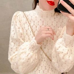 Women's Blouses Women Blouse Lace Shirt Autumn Winter Flocking Turtleneck 2024 Korean Top Blusas Ropa De Mujer