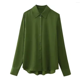 Women's Blouses Women Fashion Silk Satin Texted Vintage Lapel Long Sleeve Button All-Match Casual Female Shirts Blusas Chic Tops