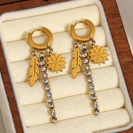 Dangle Earrings AENSOA Stainless Steel Star Feather Long Zircon Pendant Drop For Women Trendy Gold Colour Chain Tassel Huggies