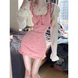 Work Dresses 2024autumn Winter Women Sweet Pink Sweater Mini Dress Ruffle Cardigan 2 Piece Set Cute Knitted Suit Lady Bodycon