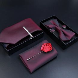 Man Tie Hanky Cuff-link Tie Clip Bowtie Brooch 6pcs Set Luxury Necktie Suit for Male Pocket Square Handkerchief Fashion Gift Box 240119