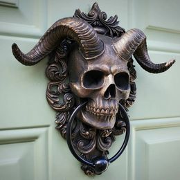 Skull Door Knocker Hell Devil Horn Skull Door Hanging Gothic Home Resin Decor Punk Satan Skull Sheep Head Wall Decor Pendant 240127