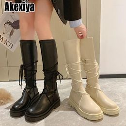 Boots 2024 Women Knee High Female Fashion Platform Thick Bottom Cross-Strap Long Boot Ladies Zipper Plus Size Stretch Shoes