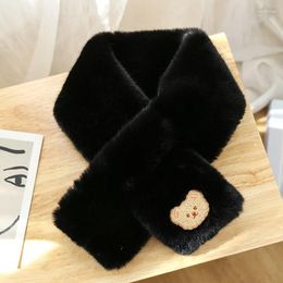 Scarves Autumn Winter Pearl Plush Bib Female Cute Bear Embroidery Three-Dimensional Cross Thick Imitation Rex Hair Scarf D1