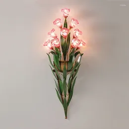 Wall Lamp French Countryside Retro Pink Glass Flower Home Decoration Iron Art Green Leaf Bedside Living Room Led Lights