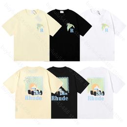 2024 New Men's and Women's Short-sleeved T-shirts High Street Brand Rhudetee Niche Beauty Trend Coconut Racing Printed Double Yarn Pure Cotton Loose Casual Sleeved Uke7