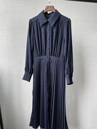 Casual Dresses Spring 2024 Women Dress Dark Blue Pleated Stitching French Lady Turn-Down Collar Hollow Out Single Breasted Midi Robe