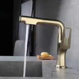 Bathroom Sink Faucets Brushed Gold Pull-out Basin Faucet Brass Single Hole Handle And Cold Mixed Tap Gun Gray/White/Black