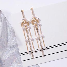 Dangle Earrings Vintage European Pearl Flower Temperament Long Full Rhinestone Tassel For Women Pendientes Mujer Moda 5B2024