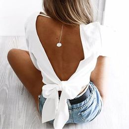 Backless V Neck White Sexy Blouse Women Summer Wrap Shirt Long Sleeve Chiffon Womens Tops And Blouses 240129