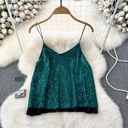 Women's Blouses Clothland Women Sexy Sequined Camis Spaghetti Straps V Neck Sleeveless Backless Shirt Blouse Shiny Tops Blusa WA222