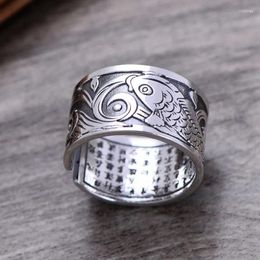 Cluster Rings 999 Pure Silver Jewellery Sterling Heart Sutra Ring Men's Wide Carp Tail