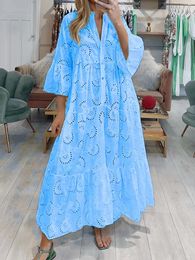 Fitshinling Cotton Long Dress Women Clothing Flare Sleeve Slim ALine Robe Loose Fashion Hollow Out Lace Maxi Dresses Female 240124