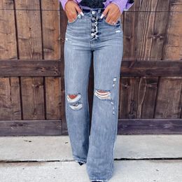 Women's Jeans High Street Women Trend Washed Light Breasted Ripped Waisted Straight With Row Buttons Pantalones De Mujer