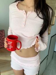 Women's Sleepwear HEZIOWYUN Women 2 Pieces Summer Y2K Outfits Solid Colour Fairy Lettuce Trim Long Sleeves Tops And Elastic Shorts Club