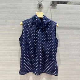 Women's Blouses Fashion Lace-up Bow Stand Collar Sleeveless French Elegant 100 Silk Tank Tops Women Polka Dot Pattern Summer Vest