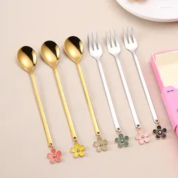 Dinnerware Sets Creative Flower Pendant Small Spoon And Fork Cute Fruit Dessert Coffee Stainless Steel Tableware Gift Set