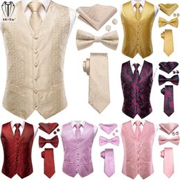 Hi-Tie Brand Silk Mens Vests Red Blue Green Gold Waistcoat Tie Bowtie Hanky Cufflinks Set Waist Jacket For Men Wedding Office 240125