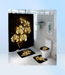 Shiny Blue Golden Rose Waterproof Shower Curtain Set Toilet Cover Mat Nonslip Bath Rugs Bathroom Valentine039s Day Christmas De9126888