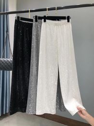 Women's Pants 2024 Autumn And Winter Korean Fleece White Sequin Wide-leg Long Leg Draping Mop Slim Straight