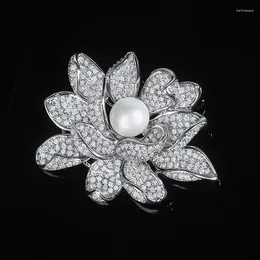 Brooches Jade Angel Round Imitation Pearl Flower Brooch Pin For Women Vintage White Gold Plated Brass CZ & Pins Clothing