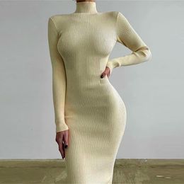 Autumn Winter Women Turtleneck Knitted Dresses Elegant Solid Bodycon Long Sleeve Sweater Dress Spring Office Lady Sexy Dresses 240124