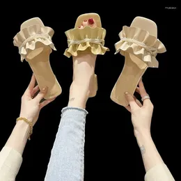 Slippers Brand Women Ruffled Pearl Beaded Sandals Womens Summer Chunky Heel Elegant Soft Solid Colour Party Office Women's Shoes