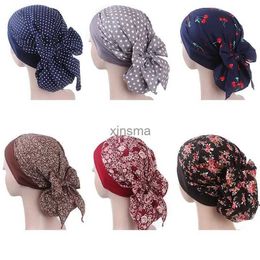 Beanie/Skull Caps Muslim Women Elastic Print Cotton Turban Hat Scarves Pre-Tied Cancer Chemo Beanies Headwear Head Wrap Plated Hair Accessories YQ240207