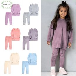 1-7y barn baby flickor mode sammet kläder småbarn pullover topp leggings byxor kläder vinter 2 st barn träningssatser 240118