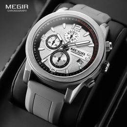 MEGIR Grey Sport Watch Men Fashion Military Analogue Chronograph Quartz Wristwatch with Auto Date Luminous Hands Silicone Strap 240130