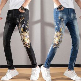 Men's slimming elastic denim pants embroidery blue jeans white washed casual jeans scratches black jeans pants men 240131