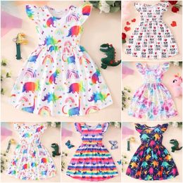 Girl Dresses Girls Dress Flying Sleeve Baby Kids Party Tutu Ruffle Rainbow Dinosaur Cotton Born Costume For 2-9Y