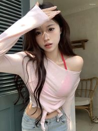 Women's T Shirts Korean See Through Long Sleeve Solid Casual Crop Top Sexy Y2k Aesthetic Women Streetwear Tanks Fashion All Match Two Pieces