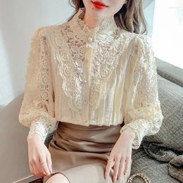 Women's Blouses Spring Autumn Lantern Sleeve Crochet Floral Blouse Women Hollow Out Lace Shirt Ladies Single Breasted Casual Short Tops