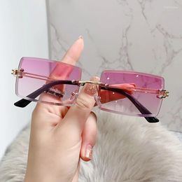 Sunglasses Rimless Rectangle Vintage Woman Brand Pink Gradient Sun Glasses Female Cutting Lens Square Ladies