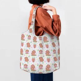 Shopping Bags Capybara Cute Animals Pattern Groceries Tote Women Canvas Shopper Shoulder Big Capacity Handbag