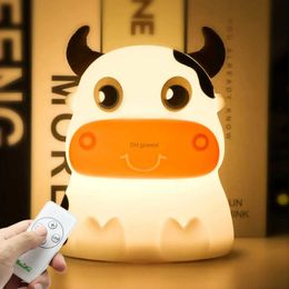 Night Lights Cow Night Light Remote Nightlight 7Colors Soft Silicone Animal LED Nursery Night Lamp Decor For Baby Infant Toddler YQ240207
