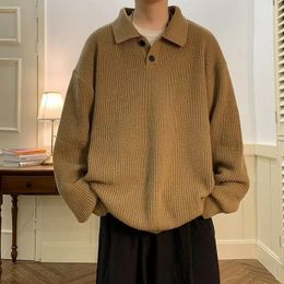 2023 Men's Luxury Knitted Pullover Sweater Casual Korean Stretch Button Solid Colour Long Sleeve Polo Collar Autumn Clothing 240125