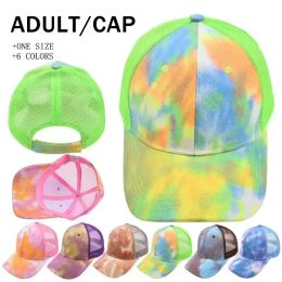 Party Supplies Fashion Tie-dye Ponytail Hats 6 colors Mesh Hollow Messy Bun Baseball Cap Summer Trucker Hats 0207